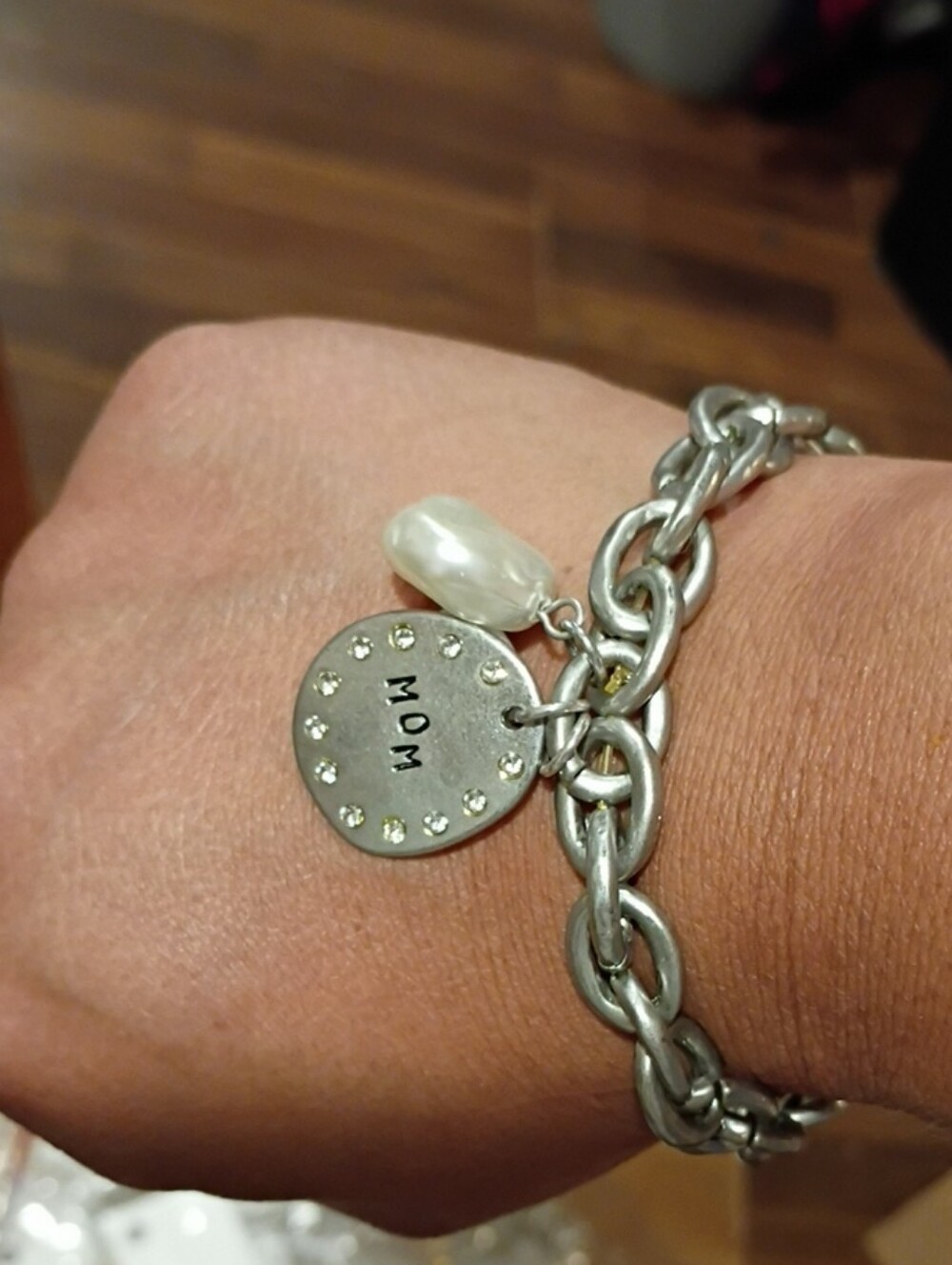 Chico's Silver-Tone 'MOM' Charm Bracelet with Pearl Accent